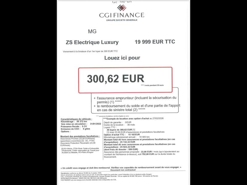 Image MG MOTOR ZS EV 156ch - 70kWh Luxury